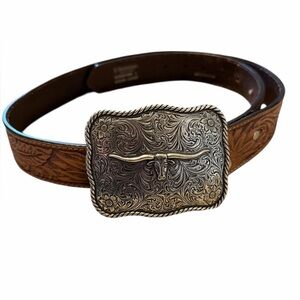 Nocona Sunflower Leather Belt & Cody James Longhorn Belt Buckle Large